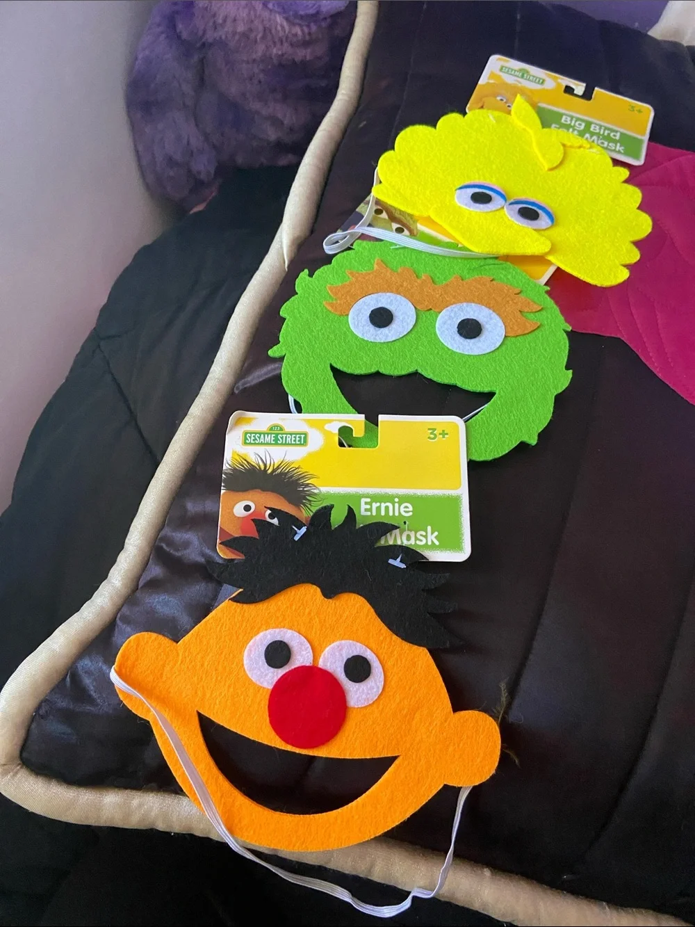 Sesame Street Ernie Orange Felt Kids Mask with Black Hair Oscar and big bird